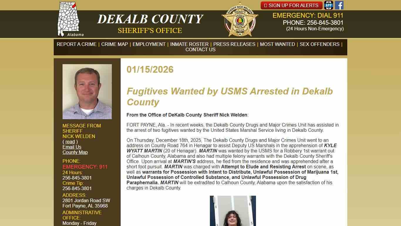 Fugitives Wanted by USMS Arrested in Dekalb County - Press Releases - DeKalb County Sheriff's Office - Fort Payne, Alabama