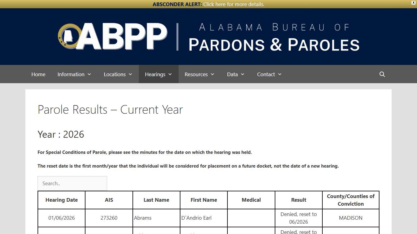 Parole Results - Current Year - Alabama Bureau of Pardons and Paroles
