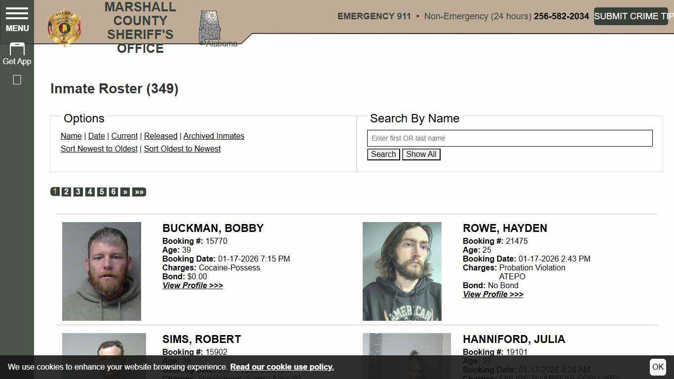 Inmate Roster | Marshall County Sheriff's Office | Sort Booking Time - Descending | Page 1