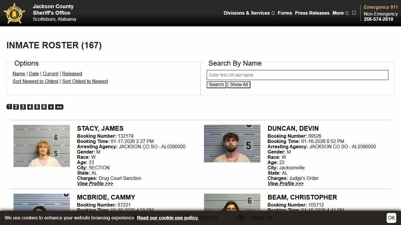 Inmate Roster | Jackson County Sheriff's Office | Sort Booking Time - Descending | Page 1